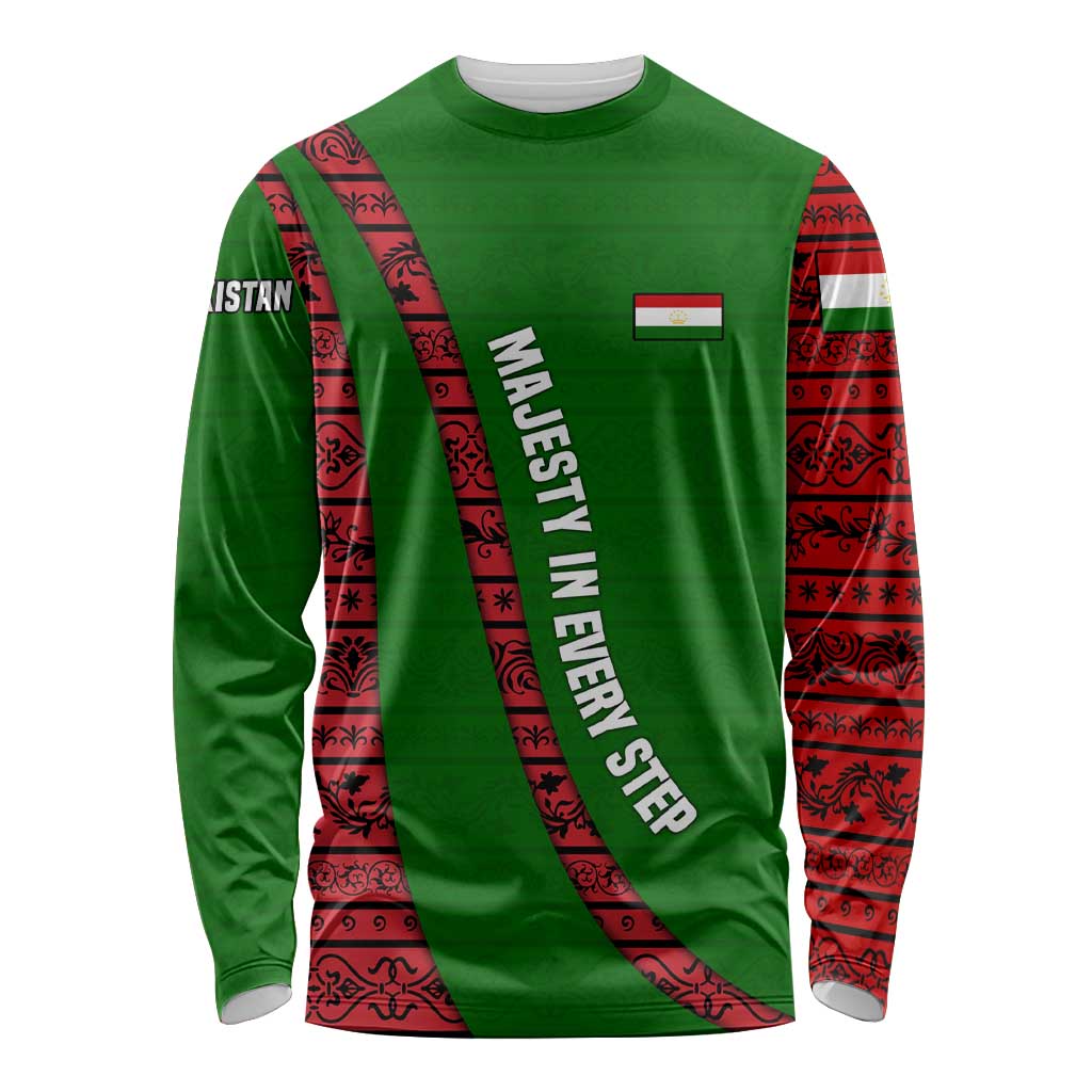 Tajikistan Green Lion Long Sleeve Shirt with Red Folk Pattern with Majestic Script