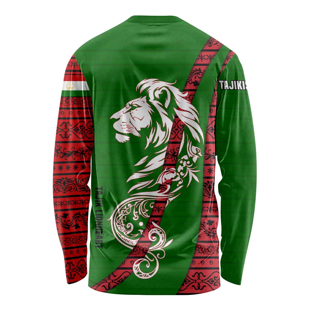 Tajikistan Green Lion Long Sleeve Shirt with Red Folk Pattern with Majestic Script