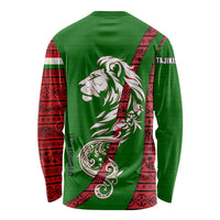 Tajikistan Green Lion Long Sleeve Shirt with Red Folk Pattern with Majestic Script