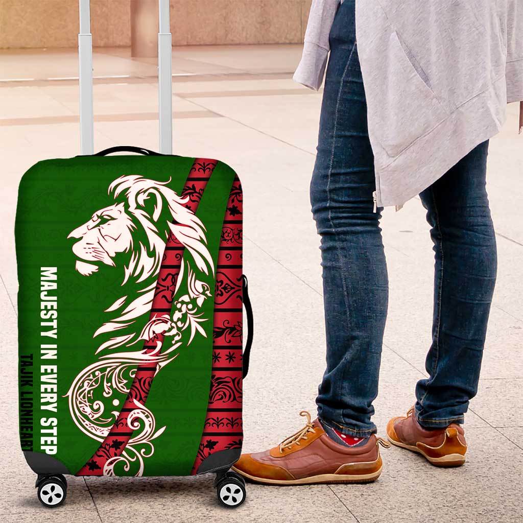 Tajikistan Green Lion Luggage Cover with Red Folk Pattern with Majestic Script