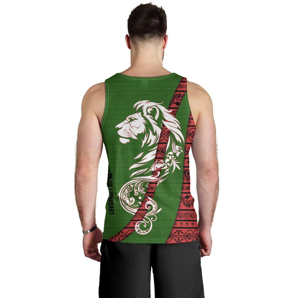 Tajikistan Green Lion Men Tank Top with Red Folk Pattern with Majestic Script