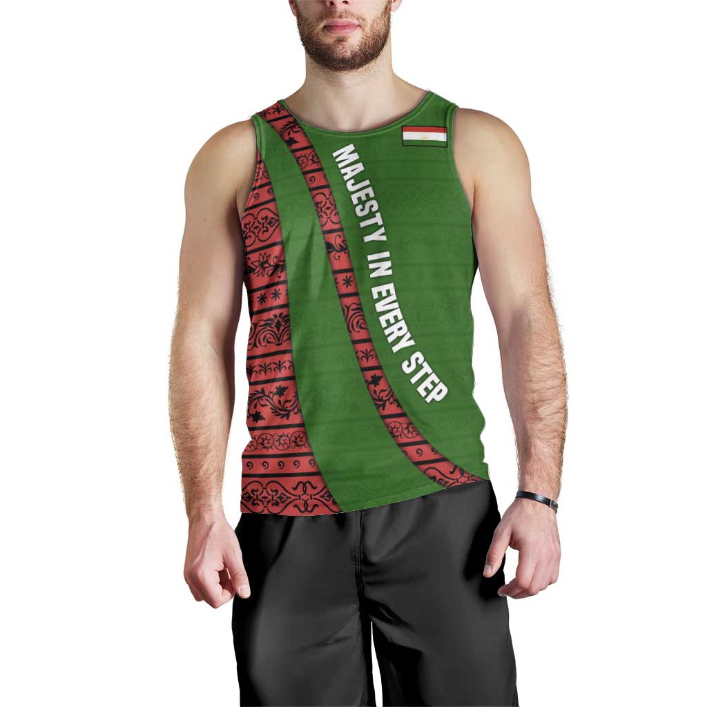 Tajikistan Green Lion Men Tank Top with Red Folk Pattern with Majestic Script