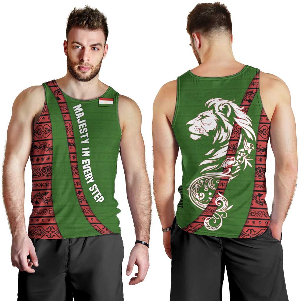 Tajikistan Green Lion Men Tank Top with Red Folk Pattern with Majestic Script