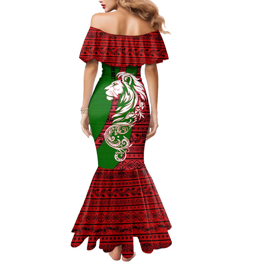 Tajikistan Green Lion Mermaid Dress with Red Folk Pattern with Majestic Script