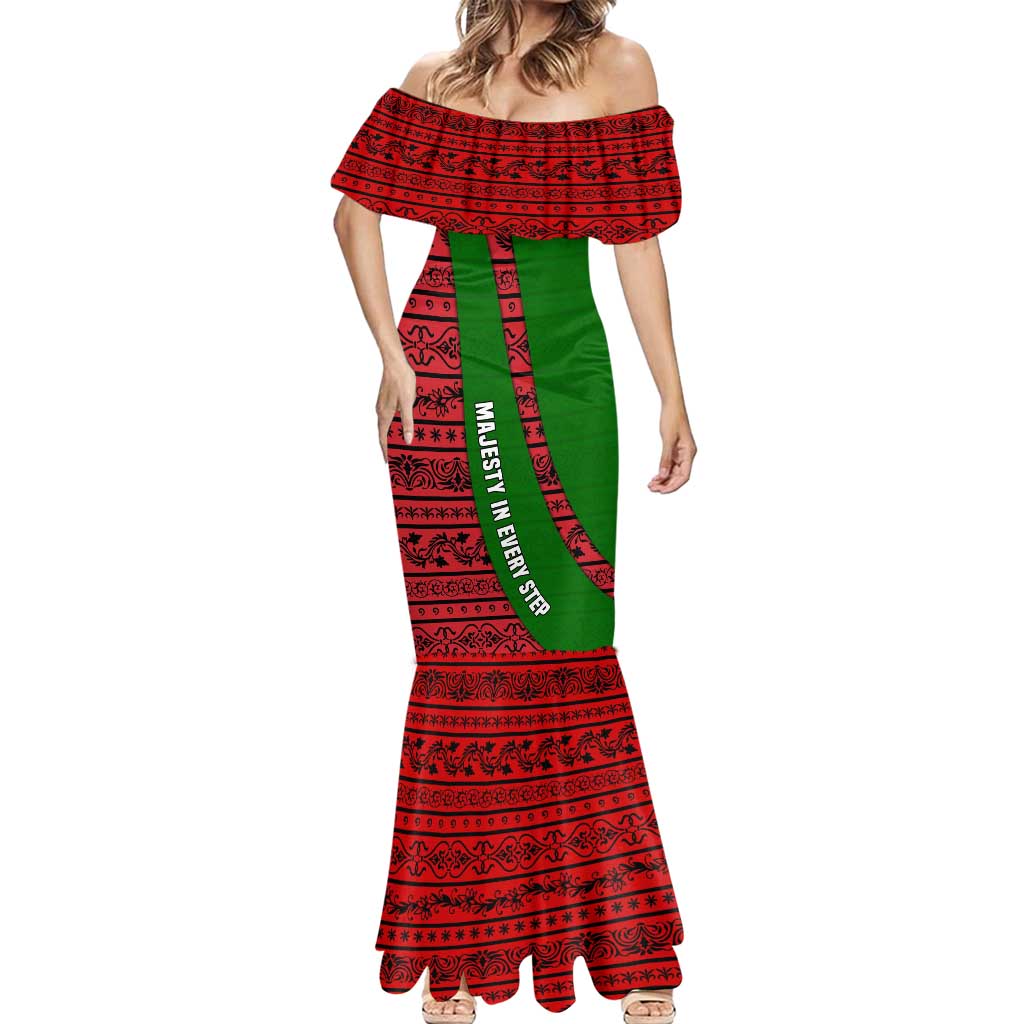 Tajikistan Green Lion Mermaid Dress with Red Folk Pattern with Majestic Script