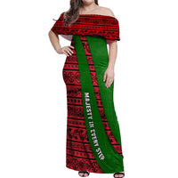 Tajikistan Green Lion Off Shoulder Maxi Dress with Red Folk Pattern with Majestic Script