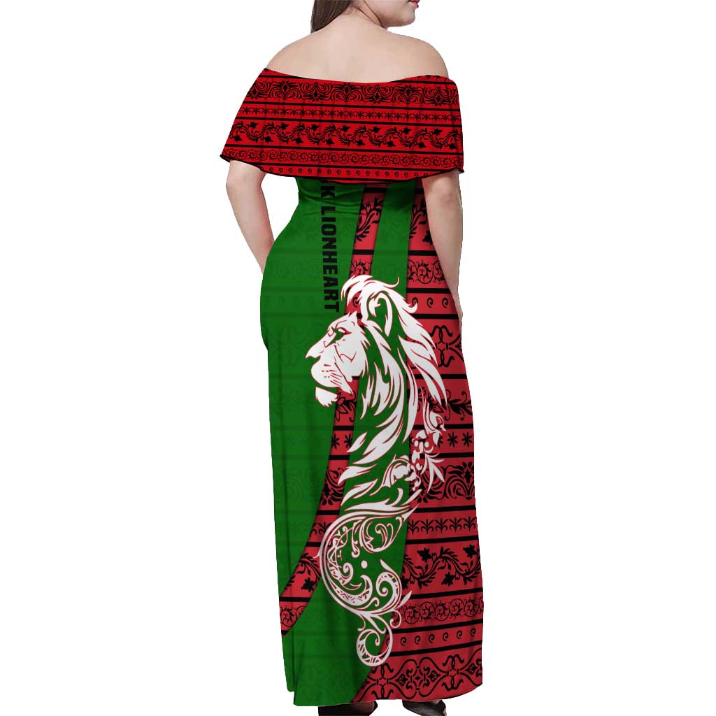 Tajikistan Green Lion Off Shoulder Maxi Dress with Red Folk Pattern with Majestic Script