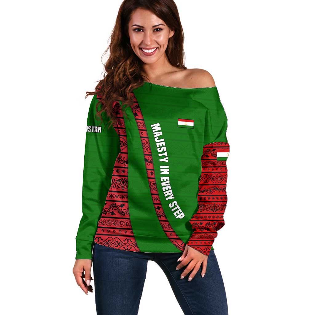 Tajikistan Green Lion Off Shoulder Sweater with Red Folk Pattern with Majestic Script