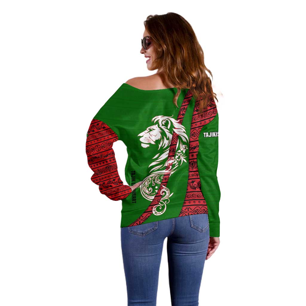Tajikistan Green Lion Off Shoulder Sweater with Red Folk Pattern with Majestic Script