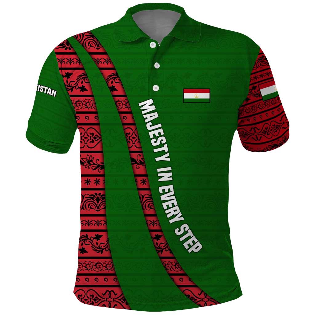 Tajikistan Green Lion Polo Shirt with Red Folk Pattern with Majestic Script