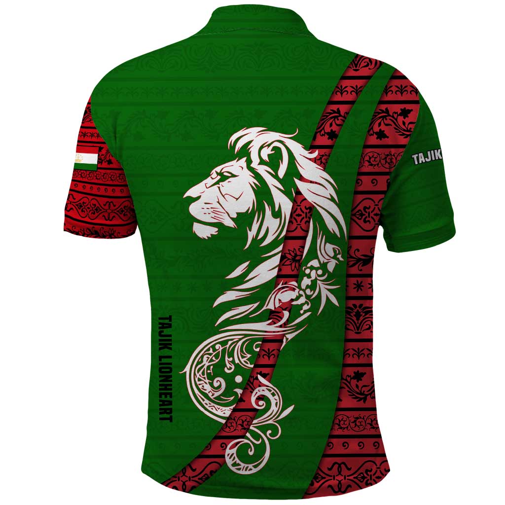 Tajikistan Green Lion Polo Shirt with Red Folk Pattern with Majestic Script