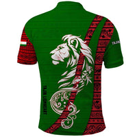 Tajikistan Green Lion Polo Shirt with Red Folk Pattern with Majestic Script