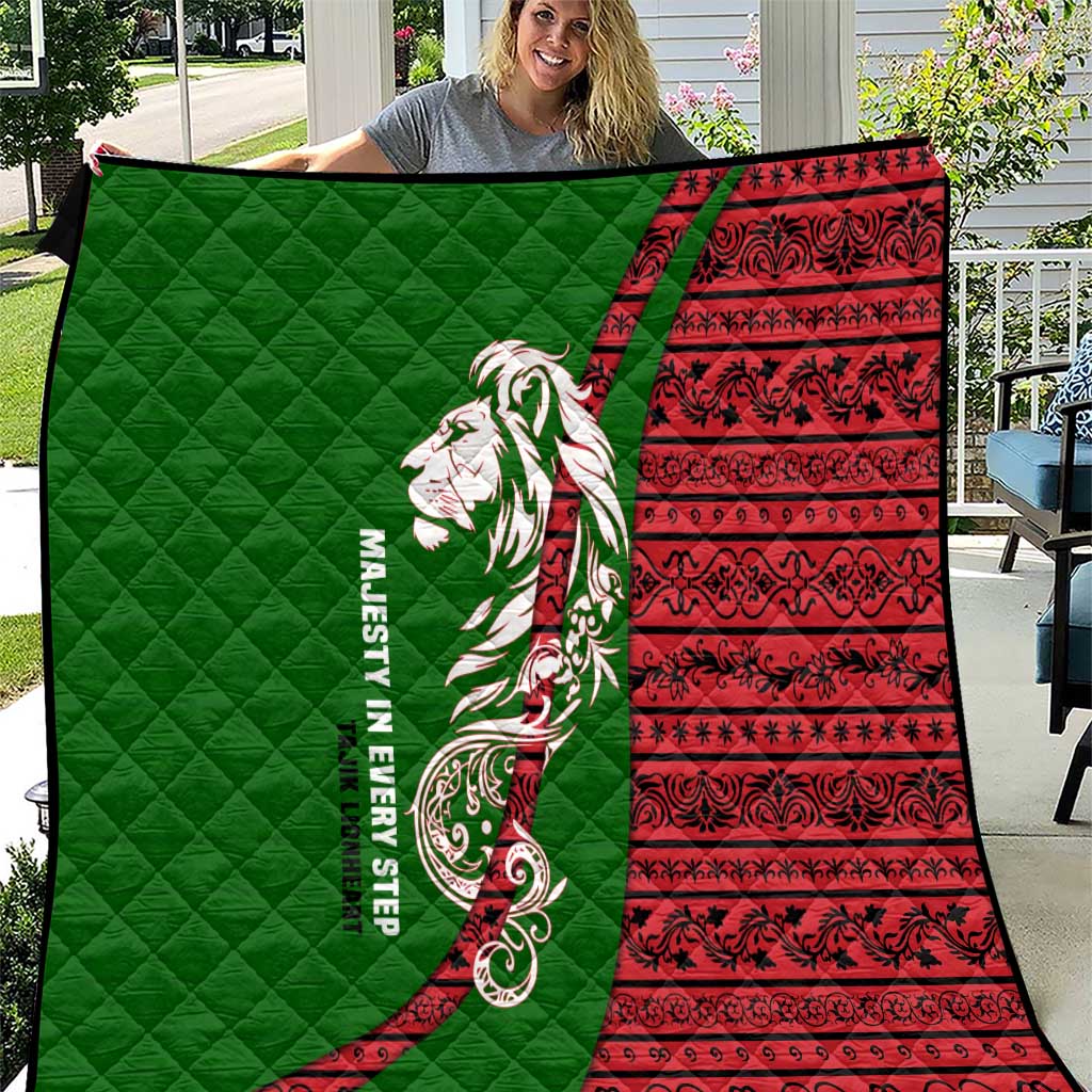 Tajikistan Green Lion Quilt with Red Folk Pattern with Majestic Script