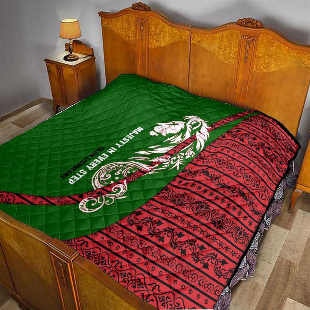 Tajikistan Green Lion Quilt with Red Folk Pattern with Majestic Script