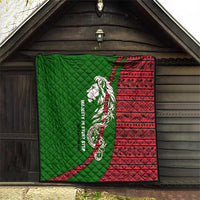 Tajikistan Green Lion Quilt with Red Folk Pattern with Majestic Script