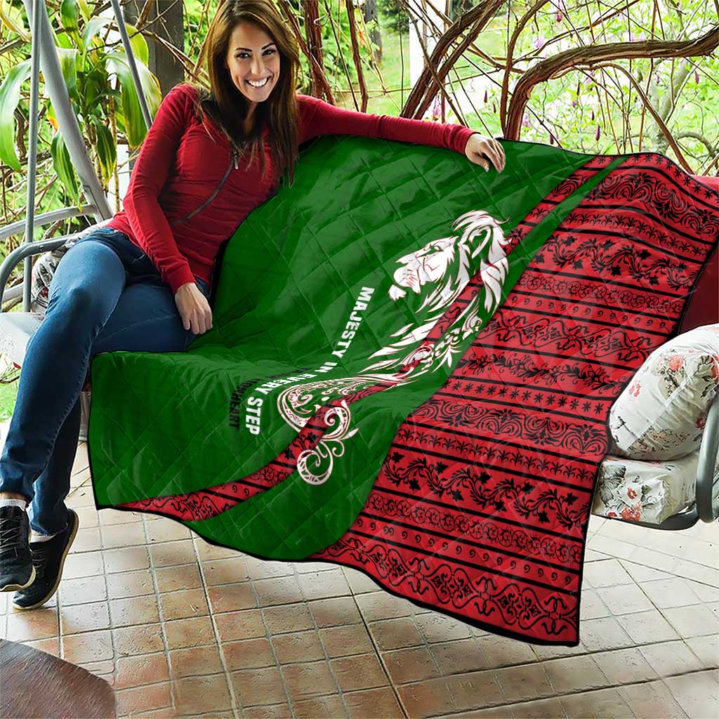 Tajikistan Green Lion Quilt with Red Folk Pattern with Majestic Script