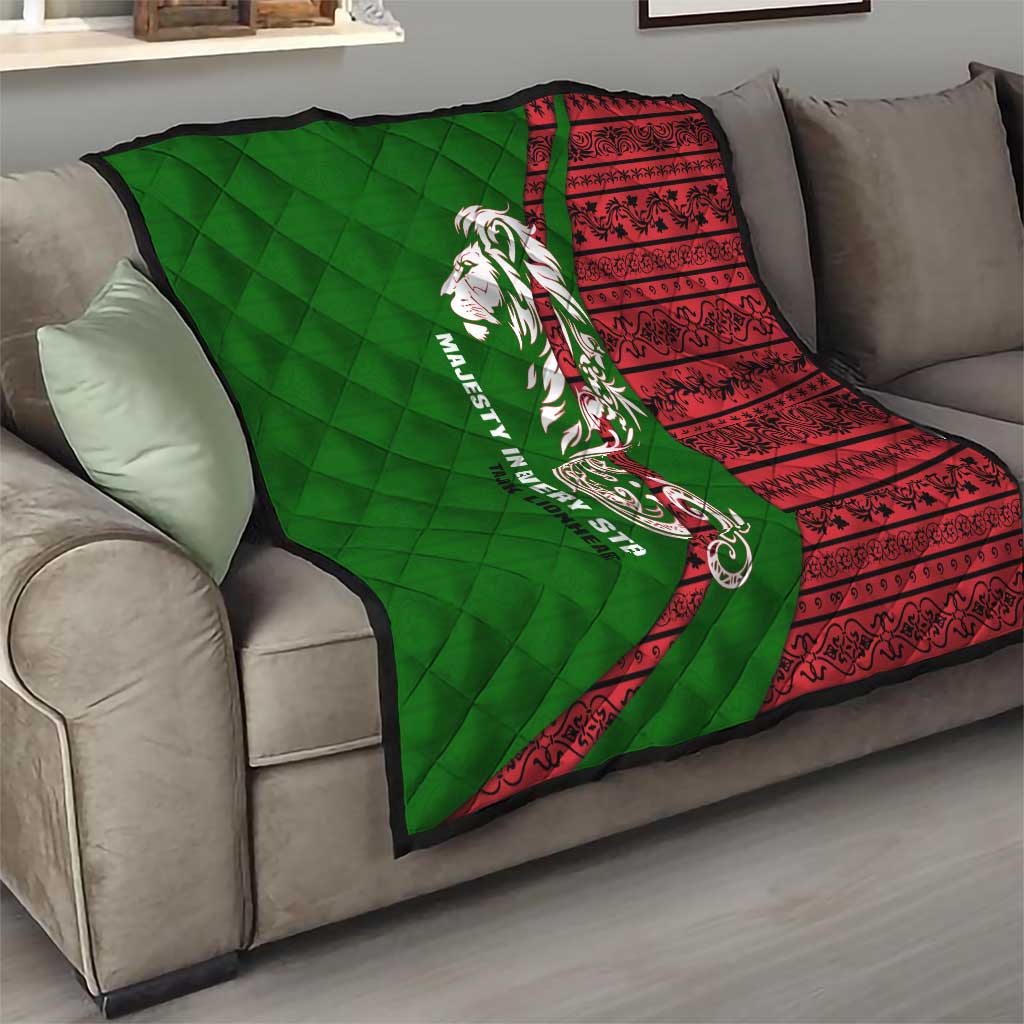Tajikistan Green Lion Quilt with Red Folk Pattern with Majestic Script