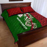 Tajikistan Green Lion Quilt Bed Set with Red Folk Pattern with Majestic Script