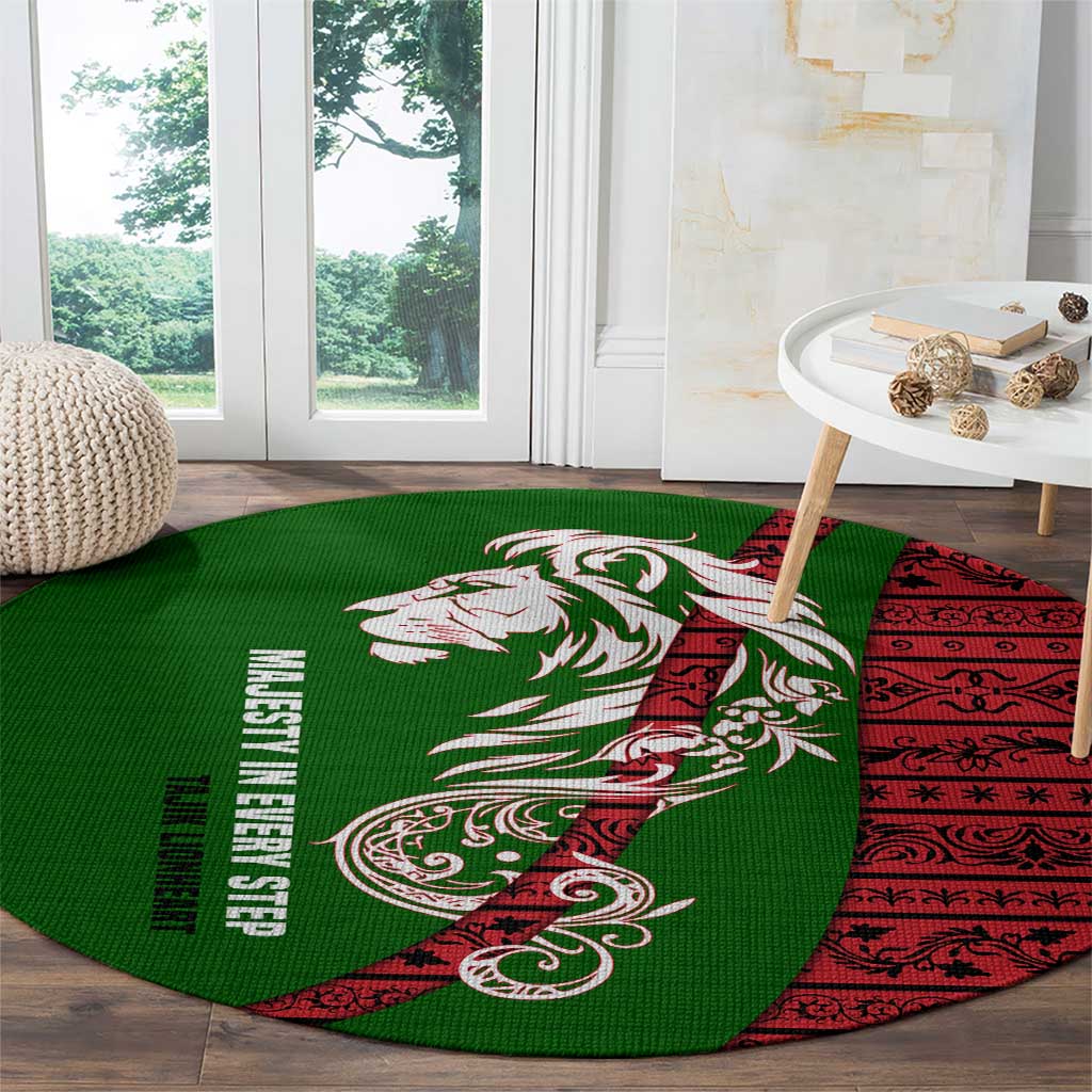 Tajikistan Green Lion Round Carpet with Red Folk Pattern with Majestic Script