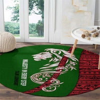Tajikistan Green Lion Round Carpet with Red Folk Pattern with Majestic Script