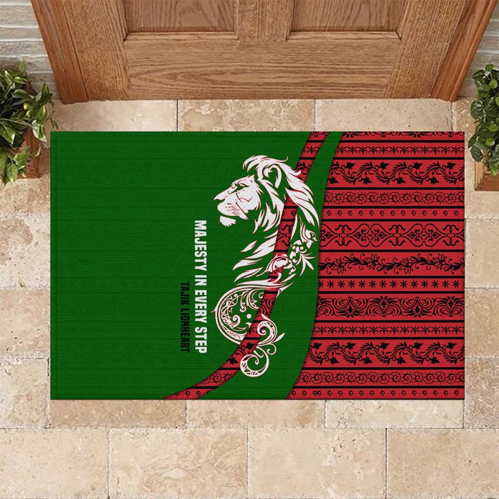 Tajikistan Green Lion Rubber Doormat with Red Folk Pattern with Majestic Script