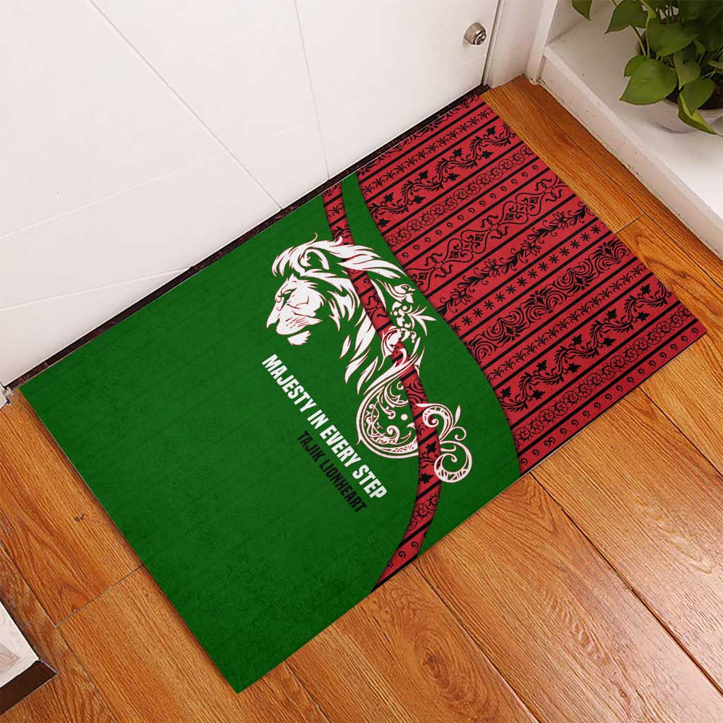 Tajikistan Green Lion Rubber Doormat with Red Folk Pattern with Majestic Script