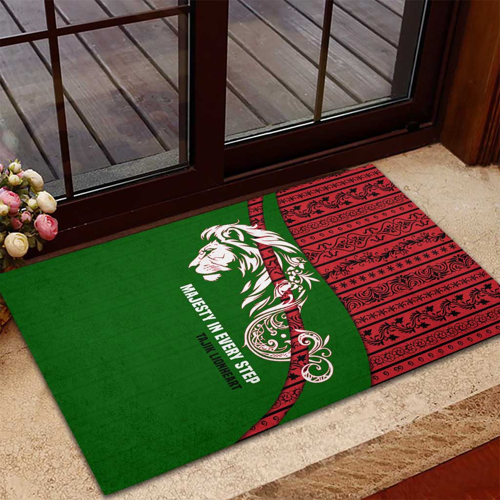 Tajikistan Green Lion Rubber Doormat with Red Folk Pattern with Majestic Script