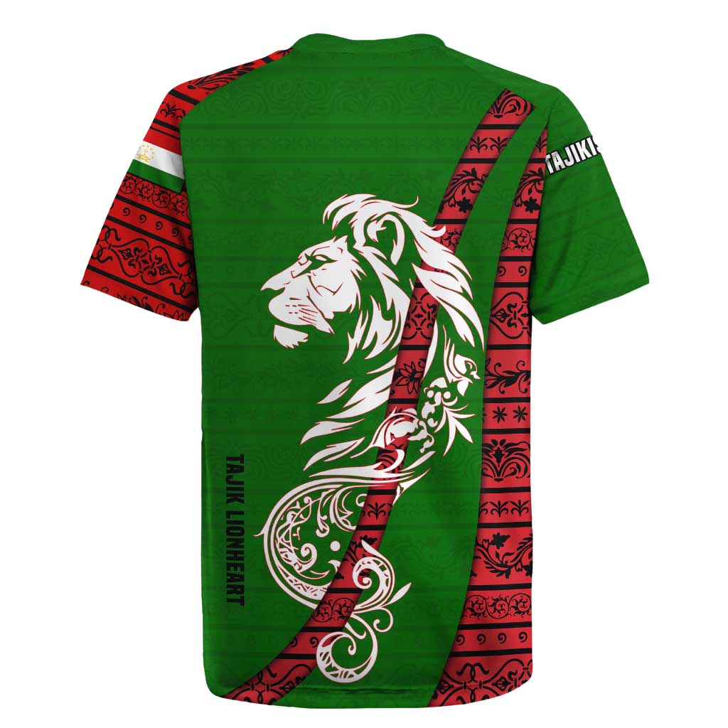 Tajikistan Green Lion Rugby Jersey with Red Folk Pattern with Majestic Script