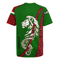 Tajikistan Green Lion Rugby Jersey with Red Folk Pattern with Majestic Script