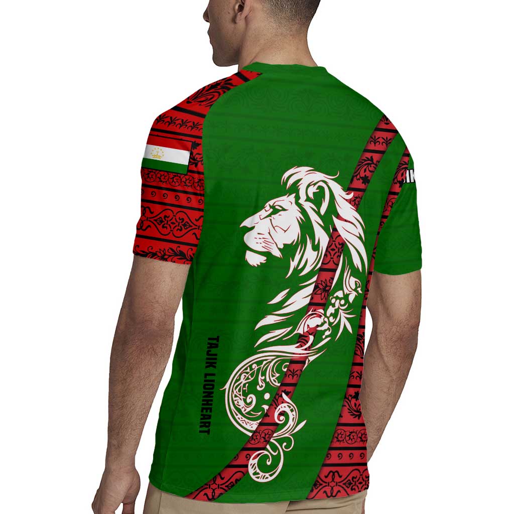 Tajikistan Green Lion Rugby Jersey with Red Folk Pattern with Majestic Script
