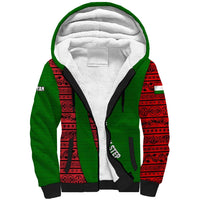Tajikistan Green Lion Sherpa Hoodie with Red Folk Pattern with Majestic Script