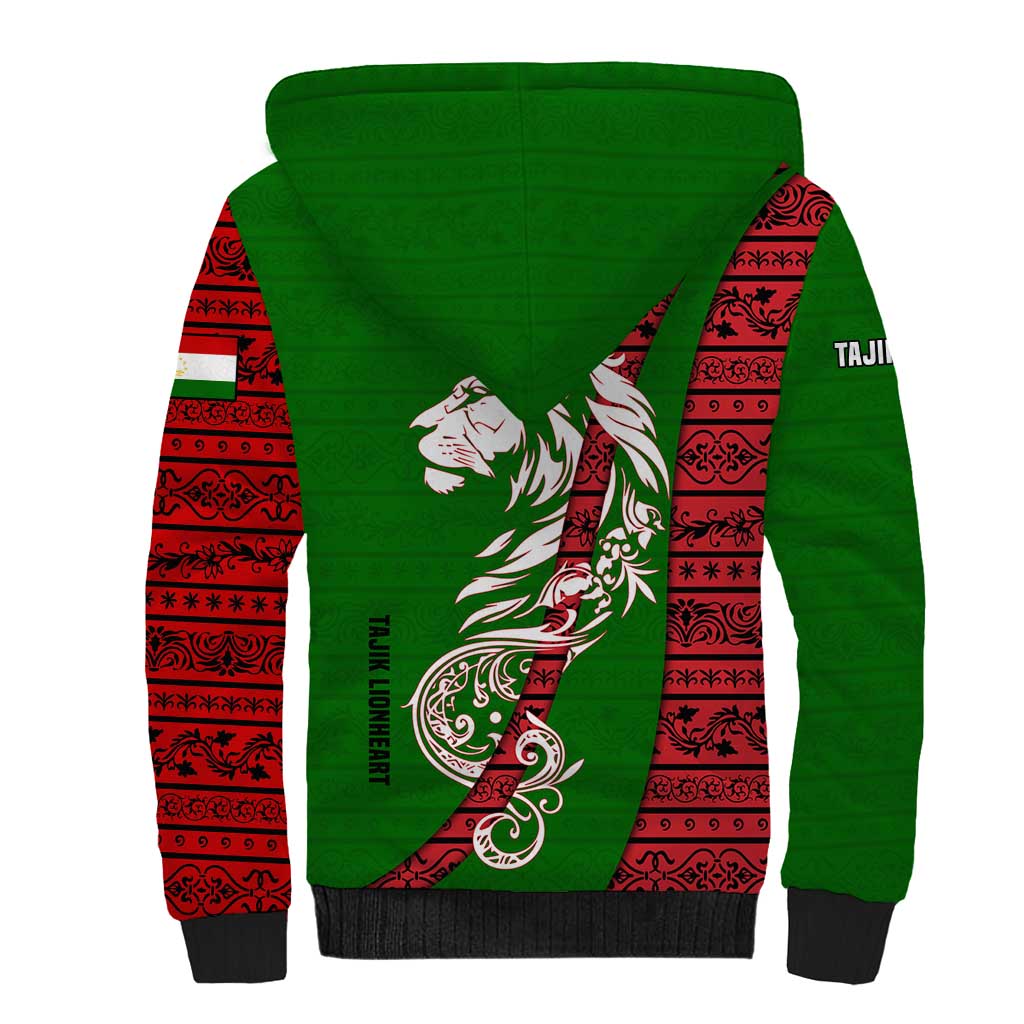 Tajikistan Green Lion Sherpa Hoodie with Red Folk Pattern with Majestic Script