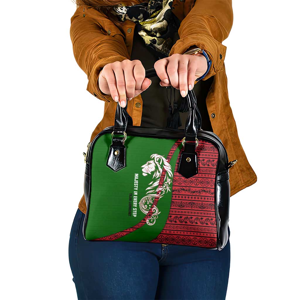 Tajikistan Green Lion Shoulder Handbag with Red Folk Pattern with Majestic Script