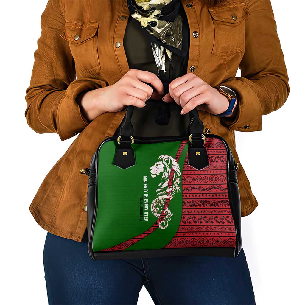 Tajikistan Green Lion Shoulder Handbag with Red Folk Pattern with Majestic Script
