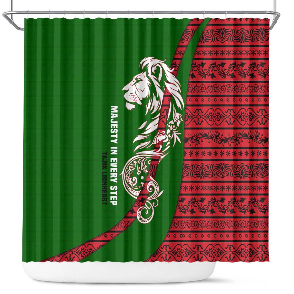 Tajikistan Green Lion Shower Curtain with Red Folk Pattern with Majestic Script
