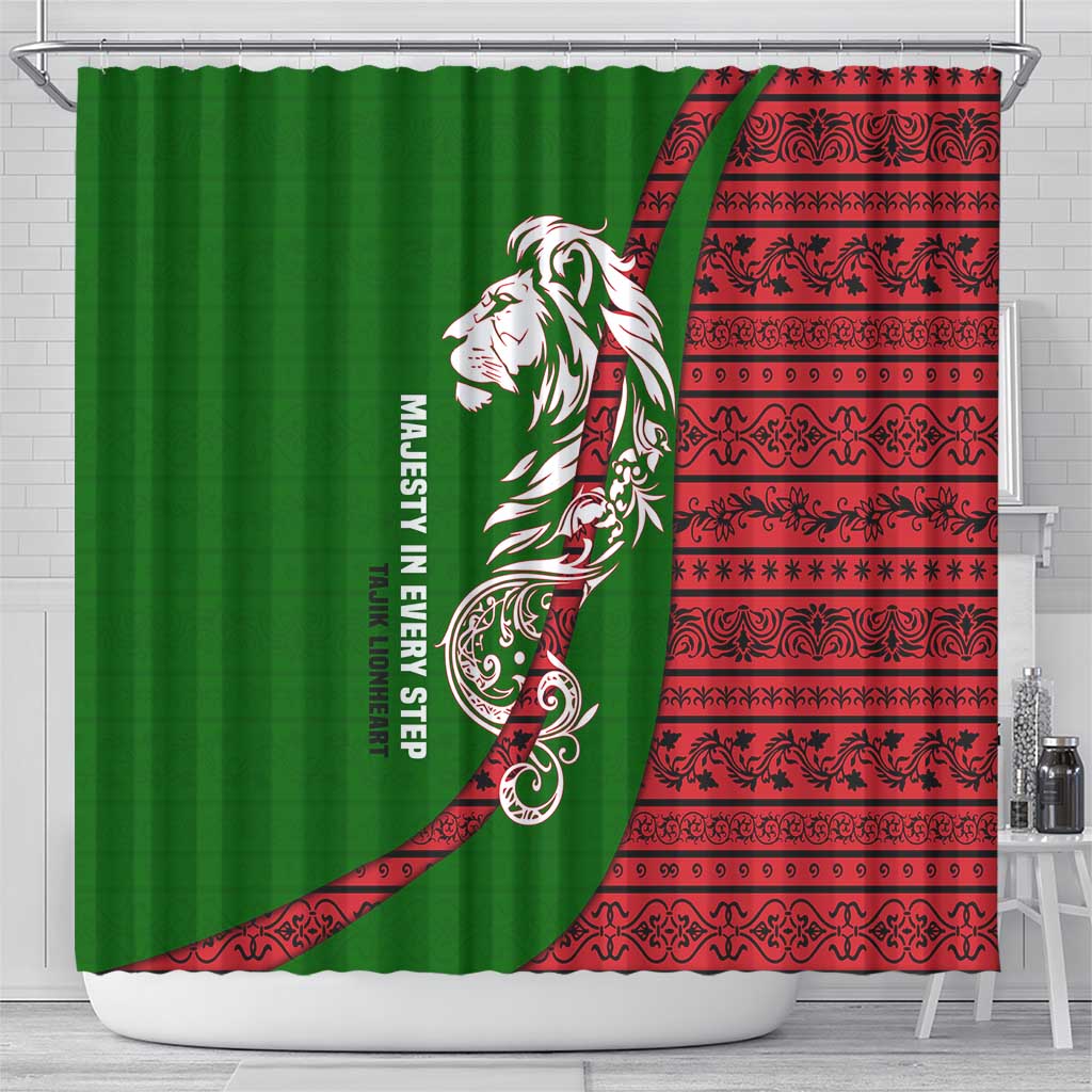 Tajikistan Green Lion Shower Curtain with Red Folk Pattern with Majestic Script