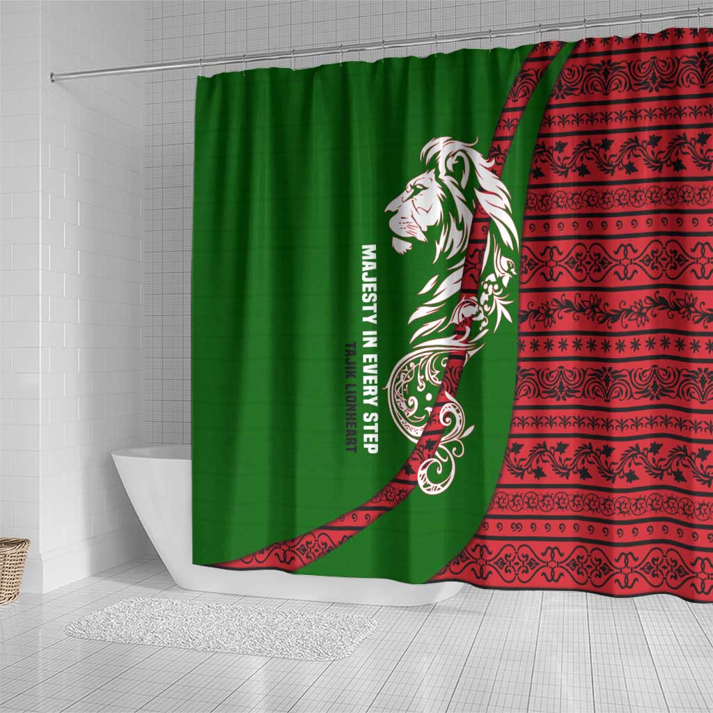 Tajikistan Green Lion Shower Curtain with Red Folk Pattern with Majestic Script