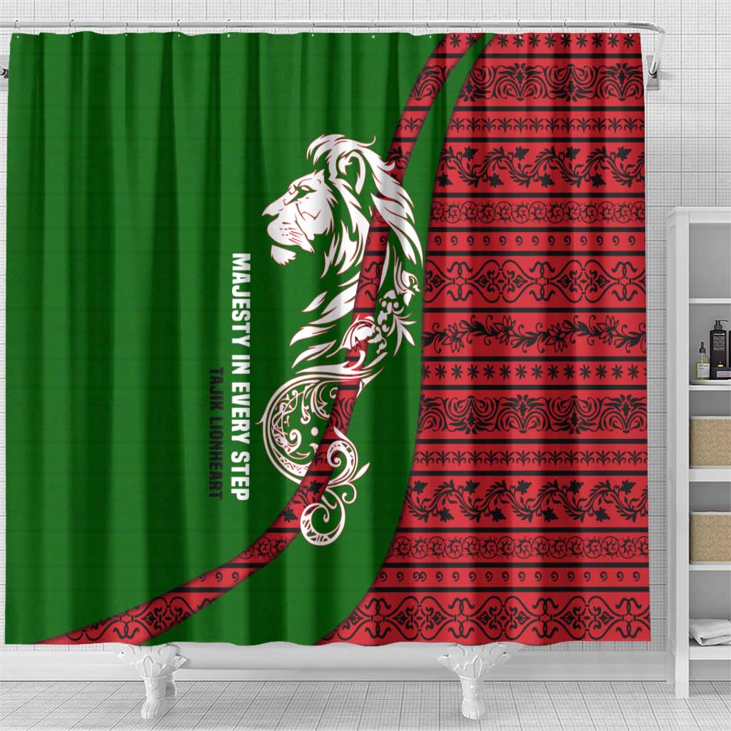 Tajikistan Green Lion Shower Curtain with Red Folk Pattern with Majestic Script