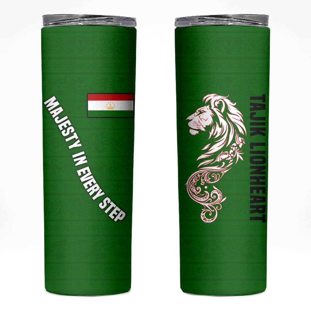 Tajikistan Green Lion Skinny Tumbler with Red Folk Pattern with Majestic Script