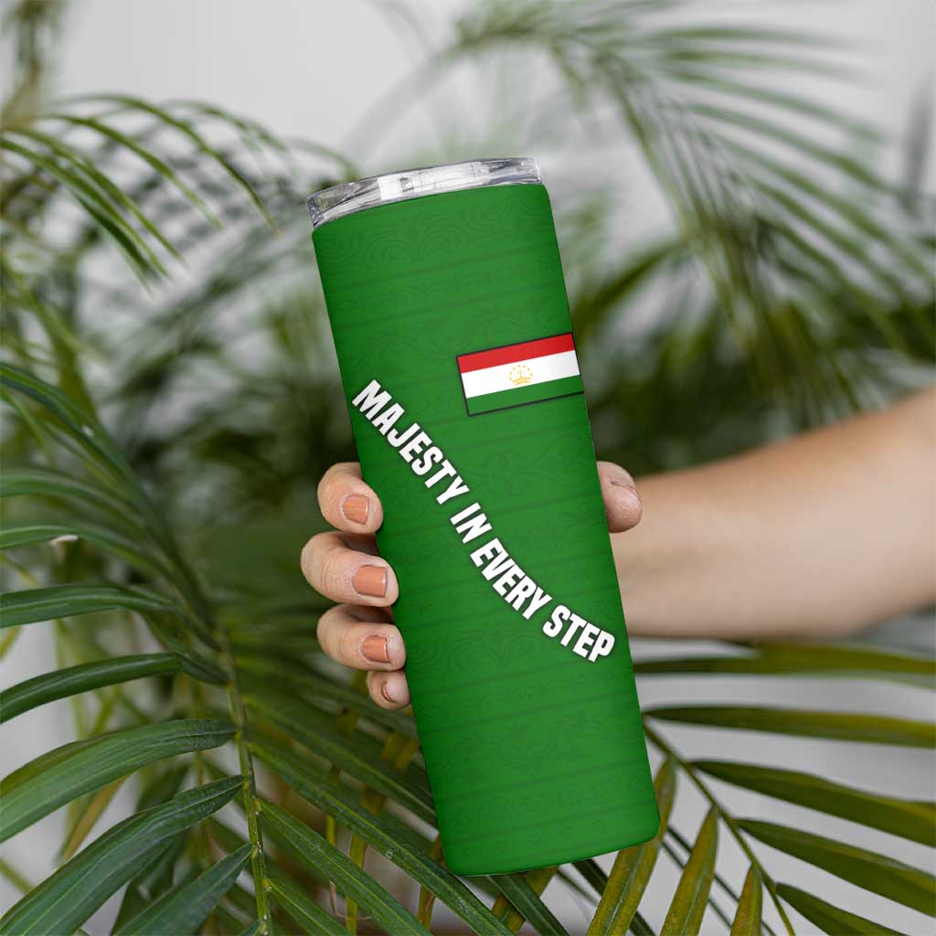 Tajikistan Green Lion Skinny Tumbler with Red Folk Pattern with Majestic Script