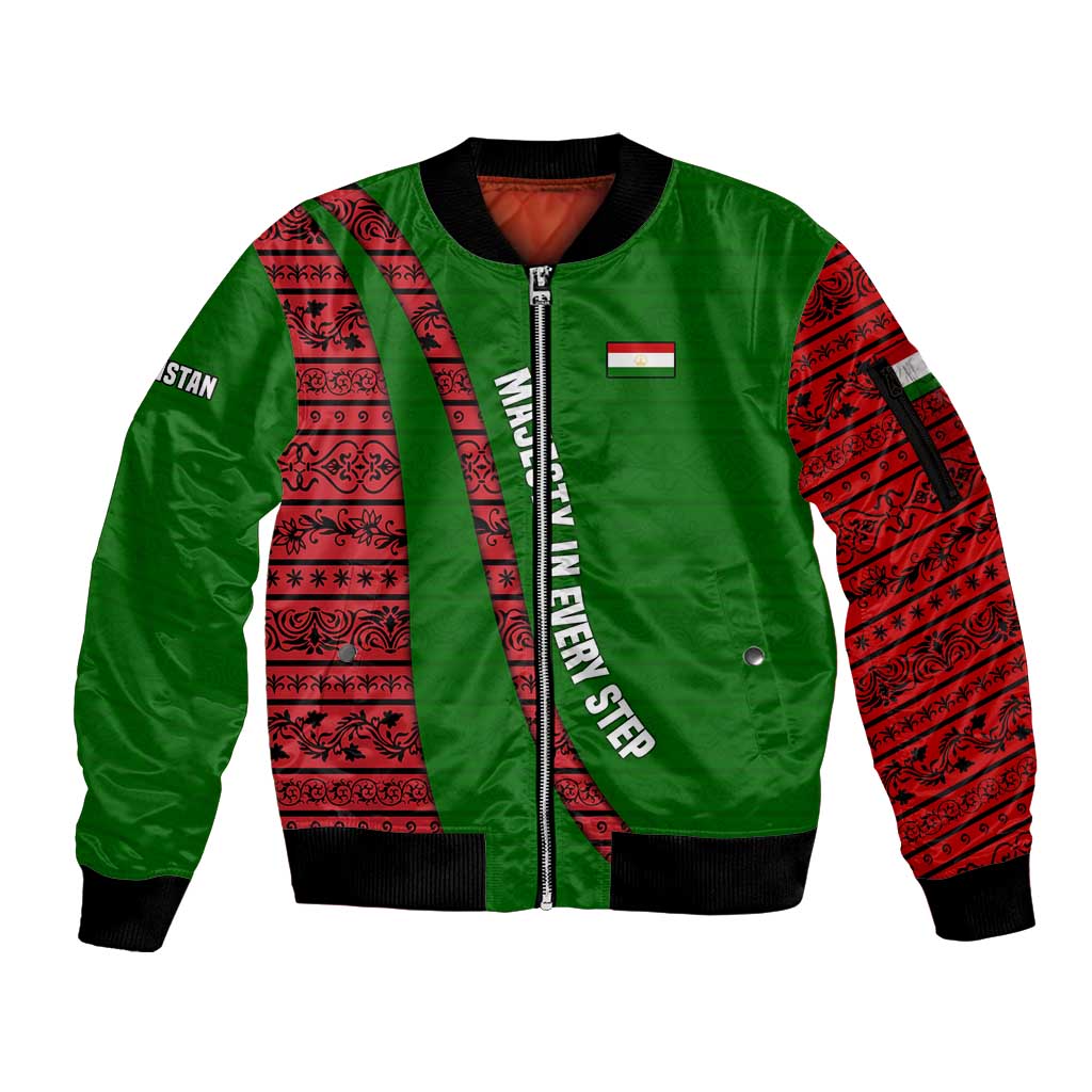 Tajikistan Green Lion Sleeve Zip Bomber Jacket with Red Folk Pattern with Majestic Script