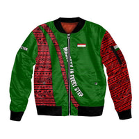Tajikistan Green Lion Sleeve Zip Bomber Jacket with Red Folk Pattern with Majestic Script