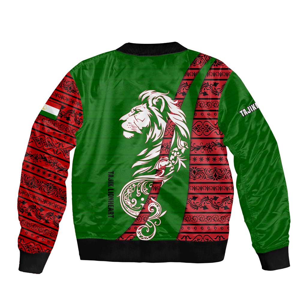 Tajikistan Green Lion Sleeve Zip Bomber Jacket with Red Folk Pattern with Majestic Script