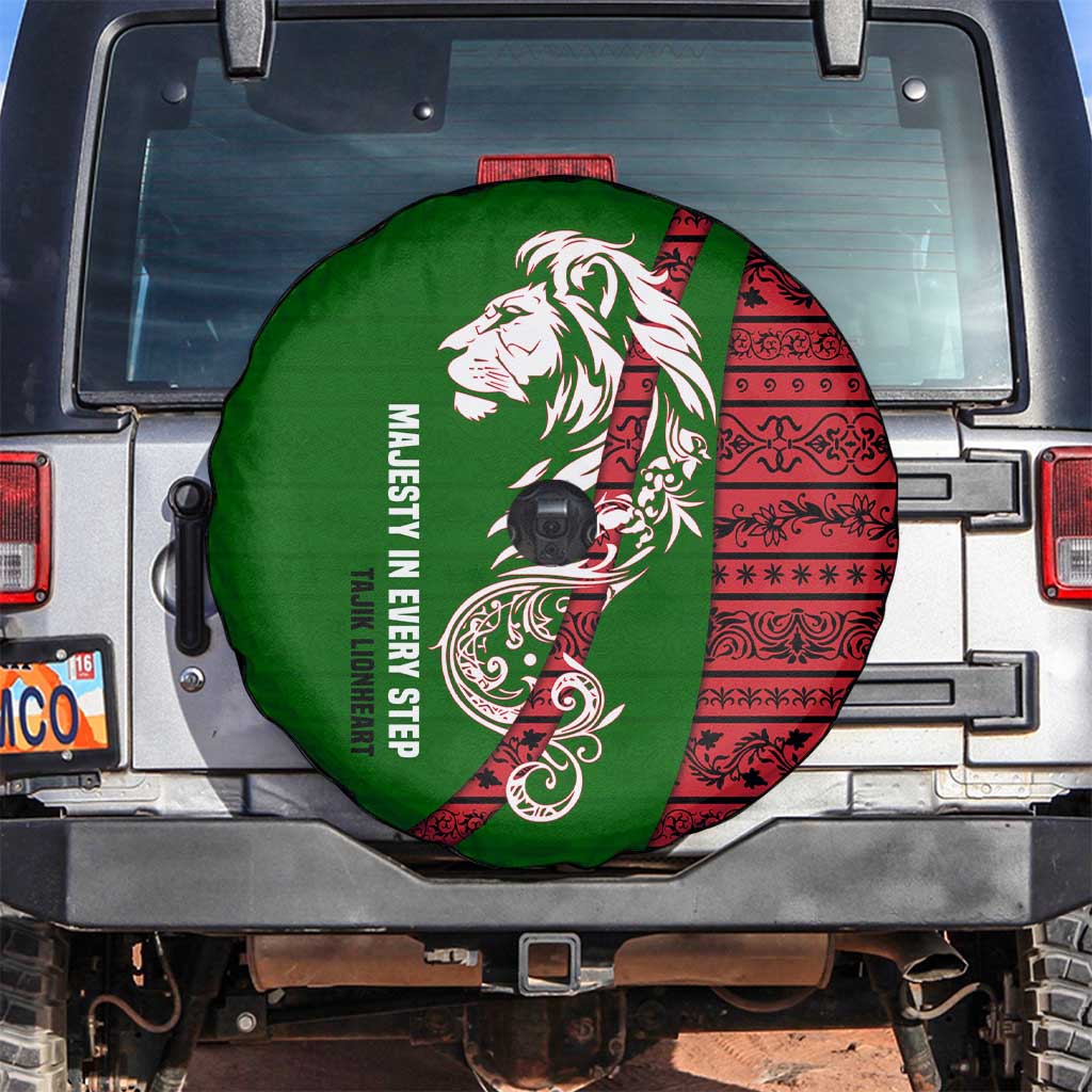 Tajikistan Green Lion Spare Tire Cover with Red Folk Pattern with Majestic Script