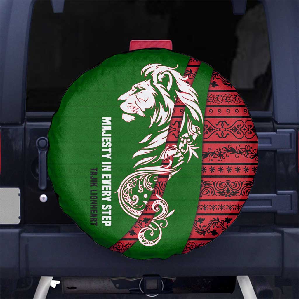 Tajikistan Green Lion Spare Tire Cover with Red Folk Pattern with Majestic Script