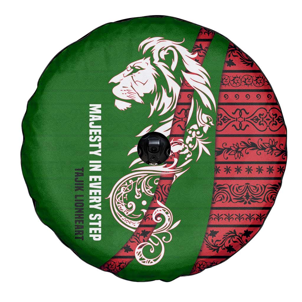 Tajikistan Green Lion Spare Tire Cover with Red Folk Pattern with Majestic Script