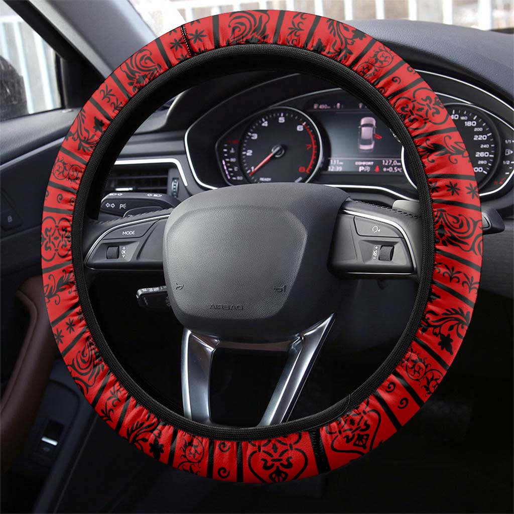 Tajikistan Green Lion Steering Wheel Cover with Red Folk Pattern with Majestic Script