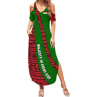 Tajikistan Green Lion Summer Maxi Dress with Red Folk Pattern with Majestic Script