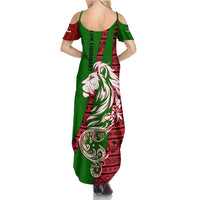 Tajikistan Green Lion Summer Maxi Dress with Red Folk Pattern with Majestic Script