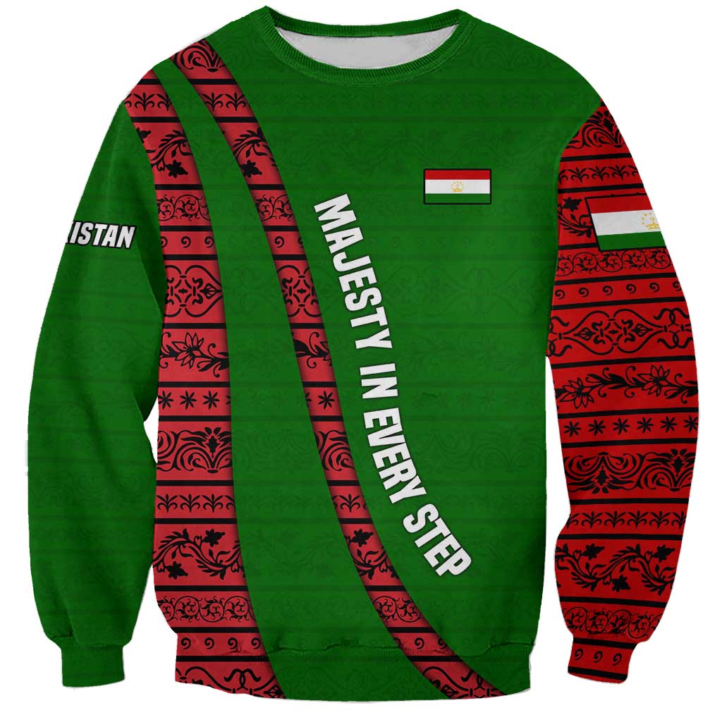 Tajikistan Green Lion Sweatshirt with Red Folk Pattern with Majestic Script